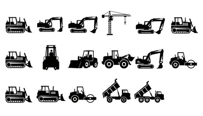 Collection of Construction Vehicle Icons Bulldozers, Excavators, Cranes, and Dump Trucks for Industry and Building Projects © Awais