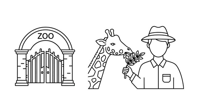Illustrated icons representing a zoo entrance, a giraffe eating leaves, and a person wearing a hat holding flowers, depicting a wildlife park experience and nature