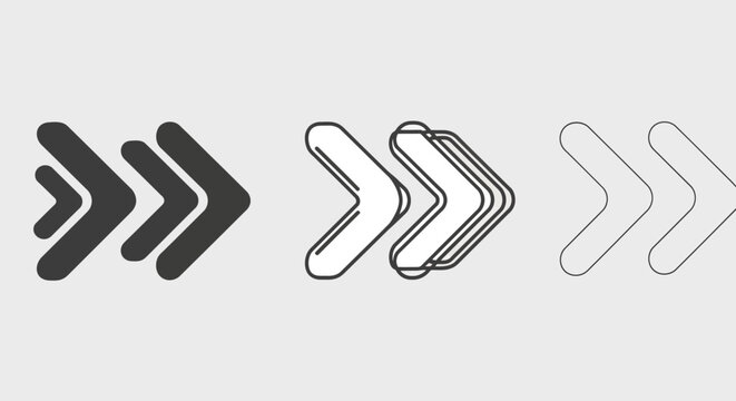Collection of speed arrows in various vector styles, including filled, outlined, and double-stroke designs, ideal for conveying fast-forward, skip, or rapid advancement in digital interfaces