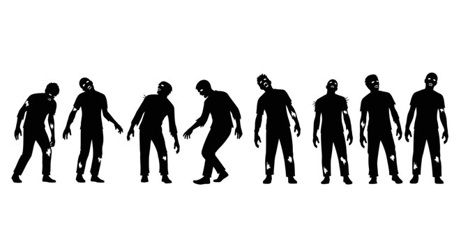 Collection of black zombie silhouettes in various walking poses, perfect for creating horror-themed designs and spooky Halloween projects, evoking fear and dread for seasonal events and media