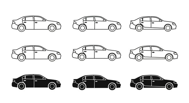 Set of simple vector car illustrations, showcasing different models in black and white for design and graphic purposes