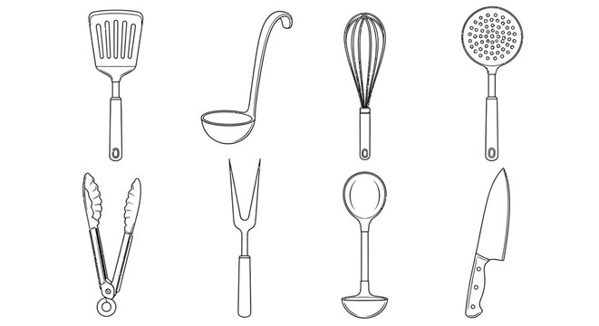Collection of Kitchen Utensils Including Spatula, Ladle, Whisk, Slotted Spoon, Tongs, Fork, Spoon, and Knife