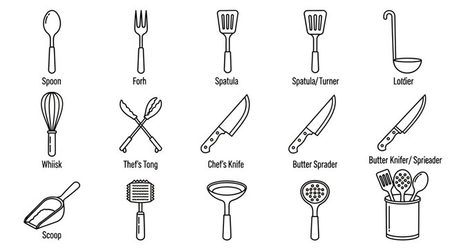 Collection of Kitchen Utensils and Tools, Featuring Essential Cooking and Baking Implements for Culinary Tasks