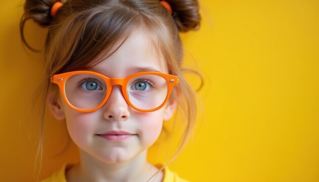 Young girl with blue eyes wears orange glasses against bright yellow background. She has auburn hair styled in two buns. Her serious yet cute expression makes her look smart and stylish.