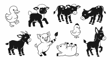 Fototapeta premium Black and White Farm Animals Set - Duck, Sheep, Pig, Cow, Chicken, Goat, Donkey
