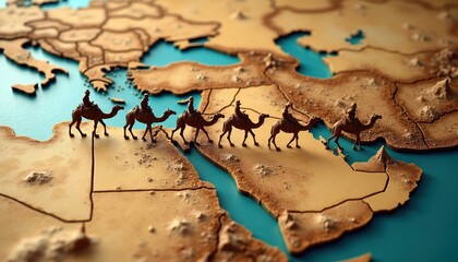 Fototapeta premium Camels trek across desert map landmass. Caravan journey over ancient routes. Nomadic people travel by camel train on arid terrain with water bodies. Exploration adventure across continents.