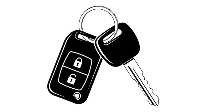 Black and white vector illustration of a modern car key and remote control fob on a keyring, symbolizing vehicle access, security, and smart technology