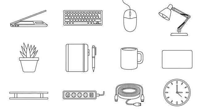 A comprehensive collection of essential everyday objects and tools for creating an organized, productive, and efficient modern workspace setup, merging digital and analog elements