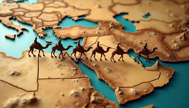 Camels trek across desert map landmass. Caravan journey over ancient routes. Nomadic people travel by camel train on arid terrain with water bodies. Exploration adventure across continents.