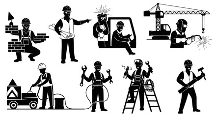 Obraz premium Construction Workers Silhouette Icons Set Black White Glyph Art