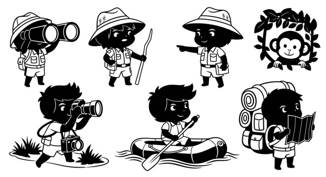 Black and White Cartoon Kids Adventure Safari Explorers with Binoculars and Camera