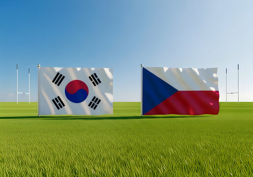 South Korea and Czech Republic national flags waving in sunlight on grassy field outdoor