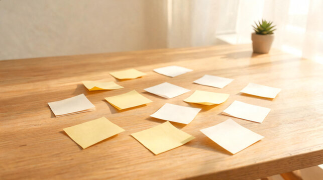 scattered sticky notes on wooden desk with warm sunlight minimal workspace background and copy space for planning brainstorming organization productivity and creative business ideas concept