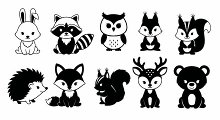 Fototapeta premium Cute Black and White Woodland Forest Animals Vector Set for Kids Design - Adorable Cartoon Collection