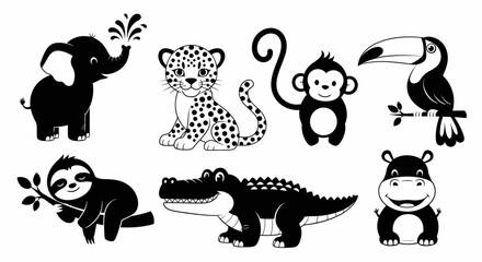 Fototapeta premium Adorable Black and White Cartoon Jungle and Safari Animals Illustration Set for Kids and Wildlife Education