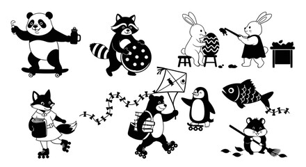 Obraz premium Cute Cartoon Animals Black and White Line Art Vector Illustrations Set for Kids and Leisure