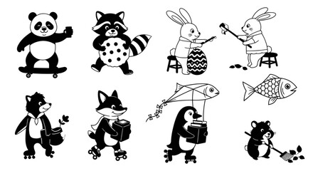 Obraz premium Adorable Black and White Line Art Animals Skating, Dancing, and Playing