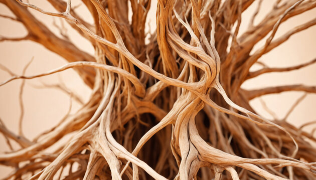 Abstract background of tangled dry tree roots and branches