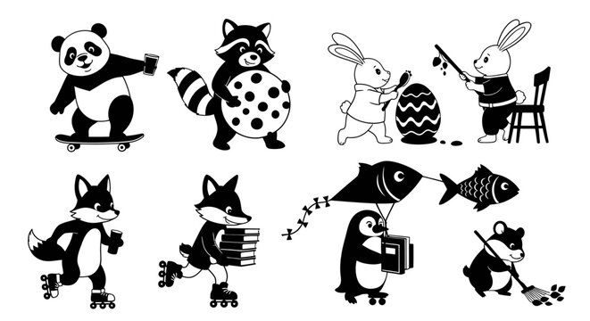 Black and White Cartoon Animal Vector Set for Kids - Cute Panda, Raccoon, Bunnies, Foxes, Penguin, Hamster Activities