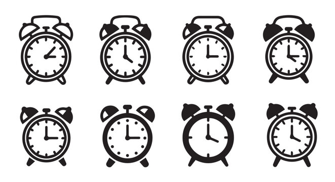 Alarm clocks collection with various time settings isolated on white background vector illustration