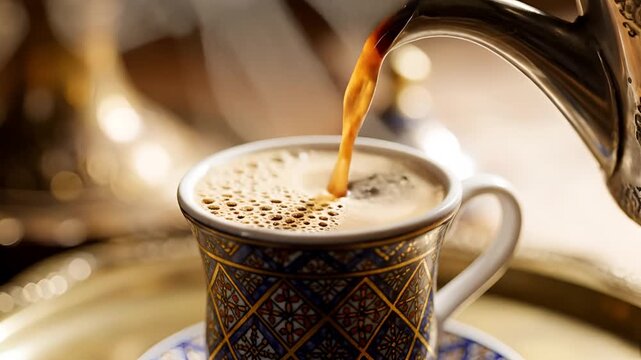 Pouring Traditional Arabic Coffee into an Ornate Cup.