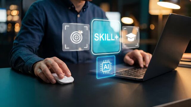 Skill development holographic interface with learning icons and intelligence chip operated by professional for upskilling, career advancement and digital education