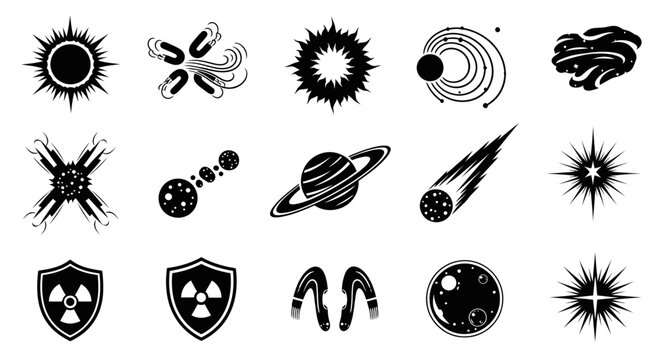 Black and White Glyph Icons Set: Science, Space, Astronomy, and Energy Symbols