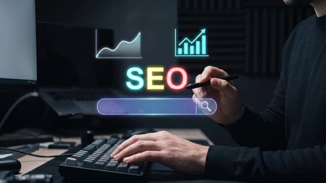 SEO glowing holographic text with search bar and analytics chart operated by digital marketer for search engine optimization and website traffic ranking strategy