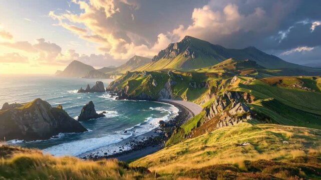 Beautiful coastal landscape with mountains, ocean and dramatic cloudy sky