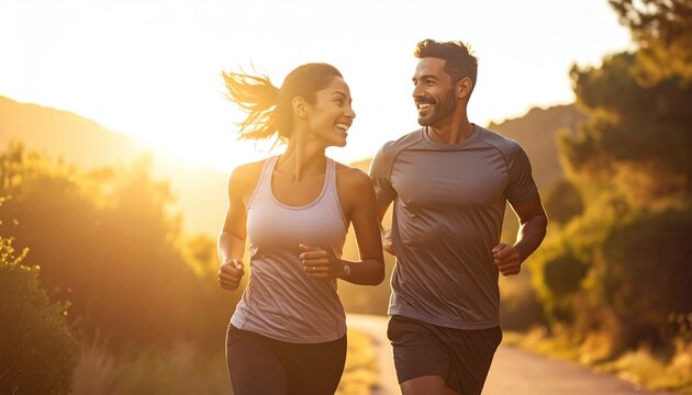 Vibrant shot of a happy couple running together during a golden hour sunset. This energetic image captures health, vitality, and partnership, ideal for fitness and wellness marketing.