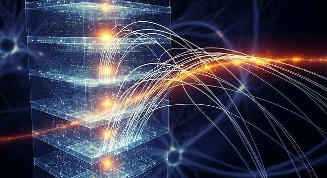 Abstract digital representation of a multilayered neural network with glowing data connections