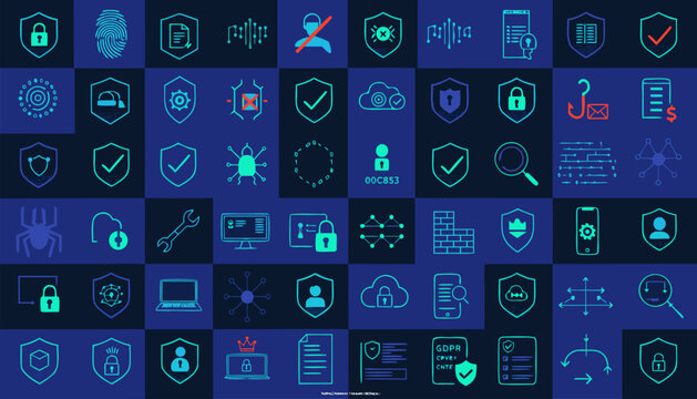 blue and cyan security icons on dark background