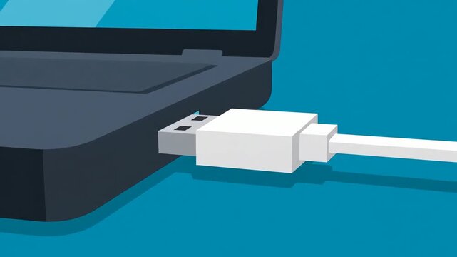 USB Cable Connecting Into Laptop Port Flat Cartoon Animation