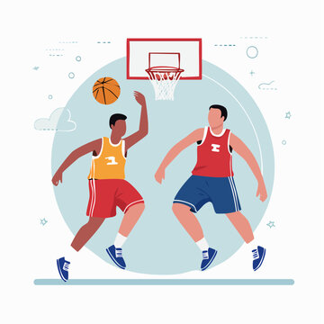 Two basketball players in action during a game