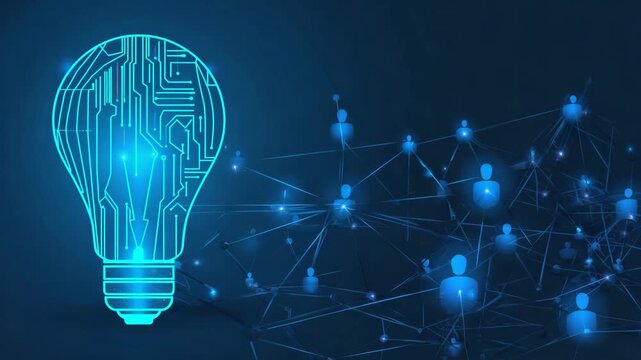 Glowing blue light bulb made of circuit patterns next to a network of human icons for innovation, team concept