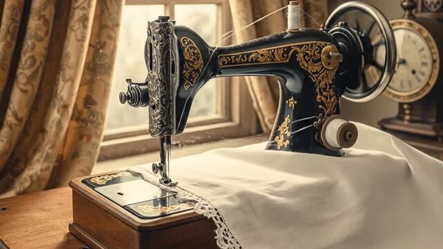 An antique sewing machine sits on a wooden table near a window and clock