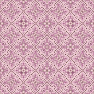  Elegant seamless geometric floral pattern in soft pink and mauve tones featuring ornamental boho-inspired tile motifs and delicate dotted details. Perfect for fabric, wallpaper, wr