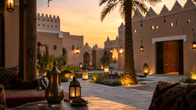 Luxury Arabian courtyard with traditional Najdi architecture and Arabic coffee at sunset