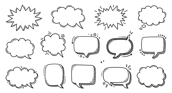 Set of hand drawn speech bubbles in black and white vector illustration