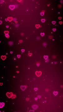 valentines day red neon hearts and lights on dark animation, shiny glowing love and passion 14 February and anniversary vertical social media motion background