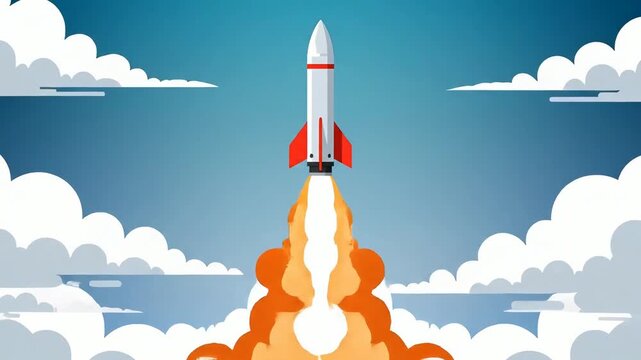 Cartoon Rocket Launching Into Sky With Smoke Flat Animation