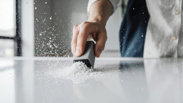 Close-up of a hand scraping white powder off a surface, creating a dynamic splash of particles.