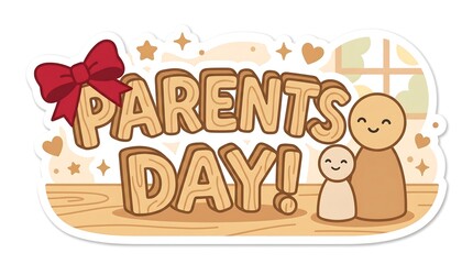 Fototapeta premium Cute wooden peg doll illustration for Parents Day with text and red decorative bow accent