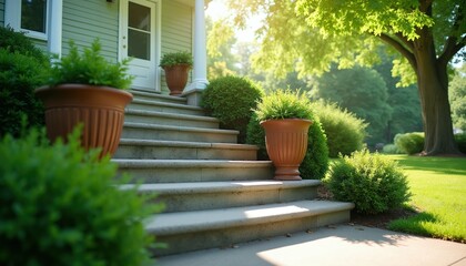Fototapeta premium Home entrance stpic with large potted plants and manicured green bushes. Stone stairs lead to front door. Sunny day brightens yard and mature tree.