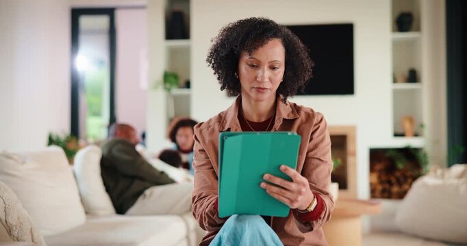 Tablet, thinking and mother in home for remote work, article idea or inspiration for newsletter. Digital tech, copywriter and freelancer woman in living room for planning, story editing or feedback