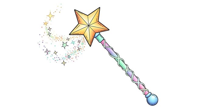 Whimsical illustration of a sparkling magic wand with a golden star, emanating a trail of colorful pixie dust and tiny stars, evoking a sense of childhood wonder and enchantment