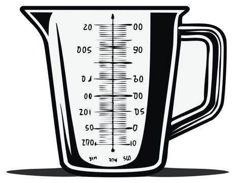 Measuring cup with volume markings and handle, clear laboratory glassware with graduations for liquid measurement.