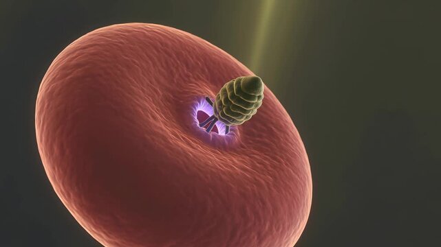 Malaria Merozoite Plasmodium Falciparum Invading Red Blood Cell With Membrane Deformation and Cellular Infection Process Visualization