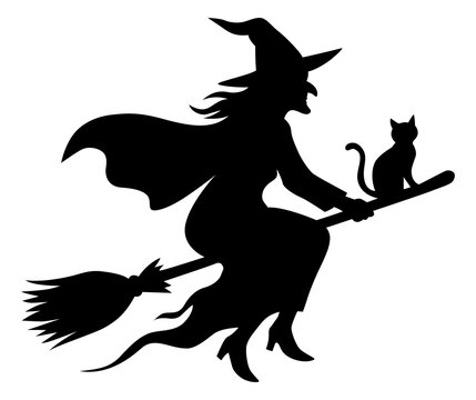 Flying witch silhouette. Halloween flat illustration. Witch flying on a broom with cat.