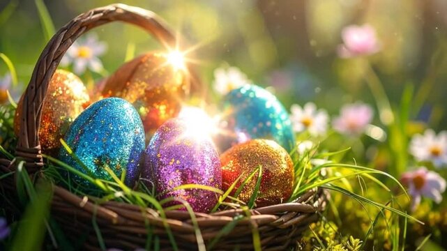 A basket of colorful decorative eggs in a field of flowers and grass